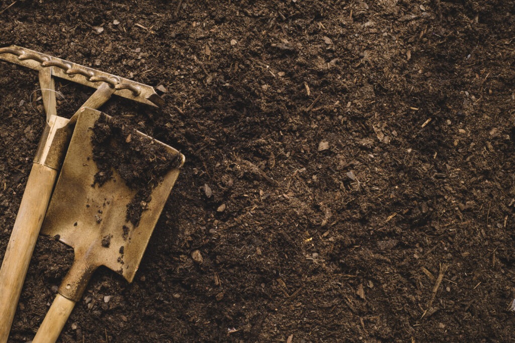 Gardening Concept with Shovel and Rake in Dirt